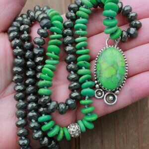 Long Hand Knot Pyrite & Turquoise Gemstone Necklace with Pendant